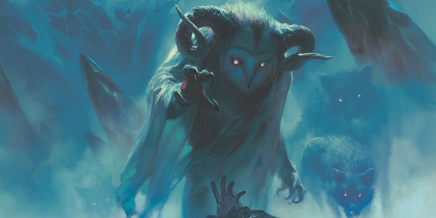 Artwork of Icewind Dale Rime of the Frostmaiden, which shows a large owl-like monster with horns flanked by two wolves