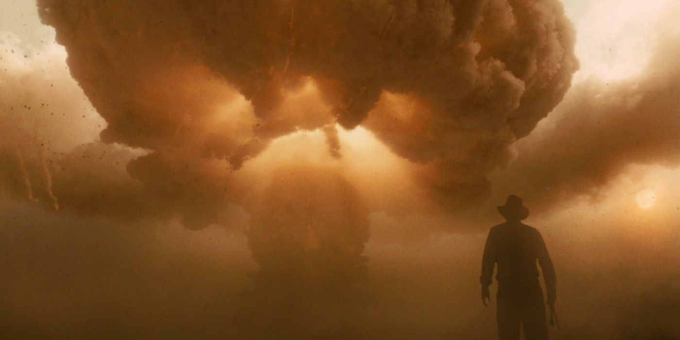 Indiana Jones standing in front of a nuclear mushroom cloud in Indiana Jones and the Kingdom of the Crystal Skull 