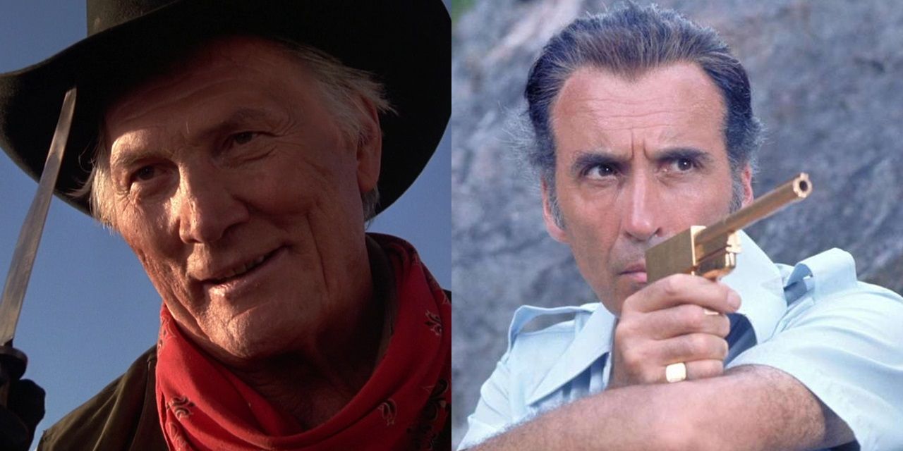 Split image of Jack Palance in City Slickers and Christopher Lee in The Man with the Golden Gun