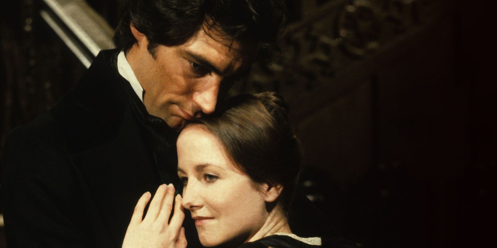 Timothy Dalton and Zelah Clarke embracing in Jane Eyre 1983
