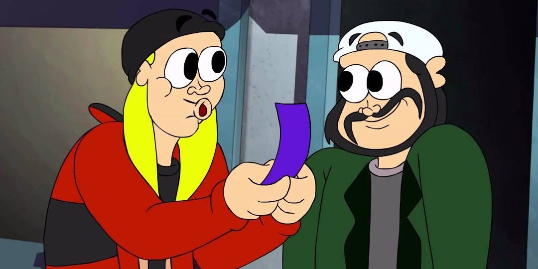 Jay and Silent Bob stand excited about a ticket