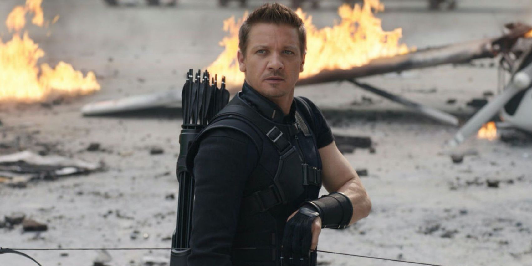 Hawkeye strings an arrow on his bow in Captain America Civil War