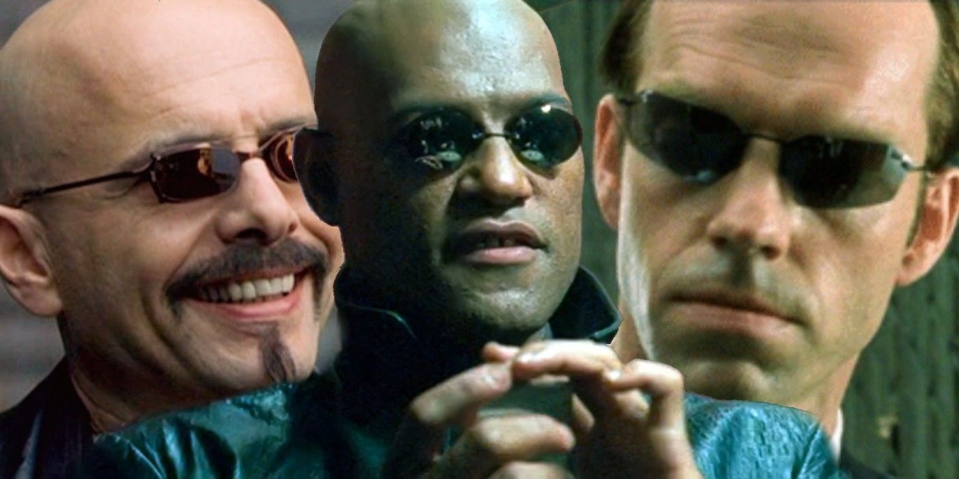 Joe Pantoliano as Cypher, Laurence Fishburne as Morpheus and Hugo Weaving as Agent Smith in The Matrix
