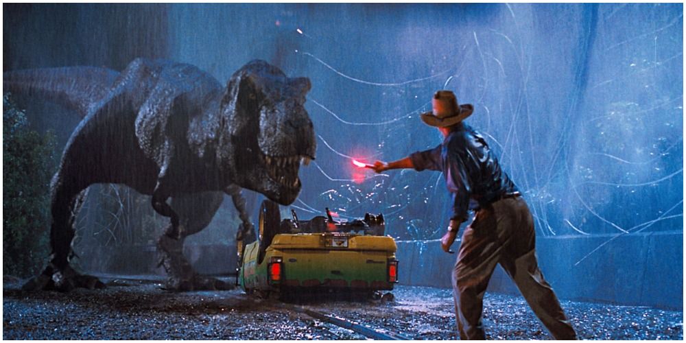 Alan Grant grabbing the attention of the Rexy the T-Rex in Jurassic Park