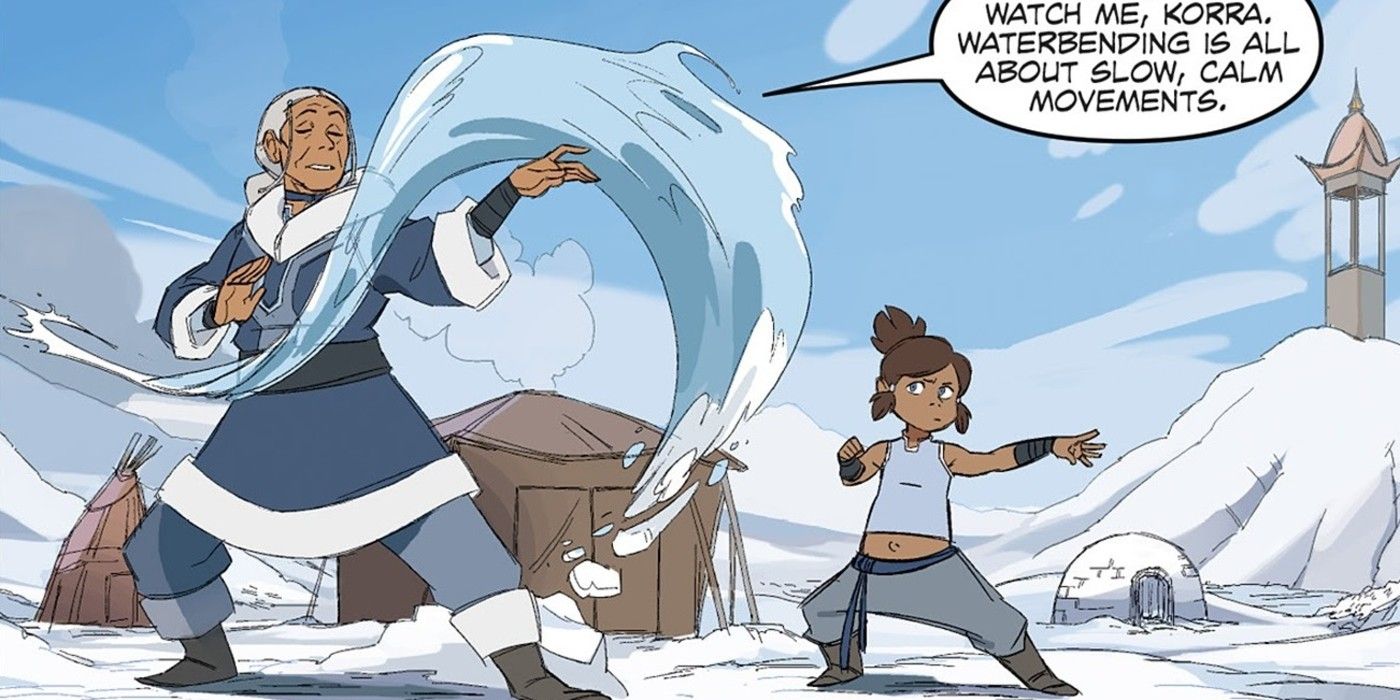 Katara and Korra practice waterbending in the Avatar comics