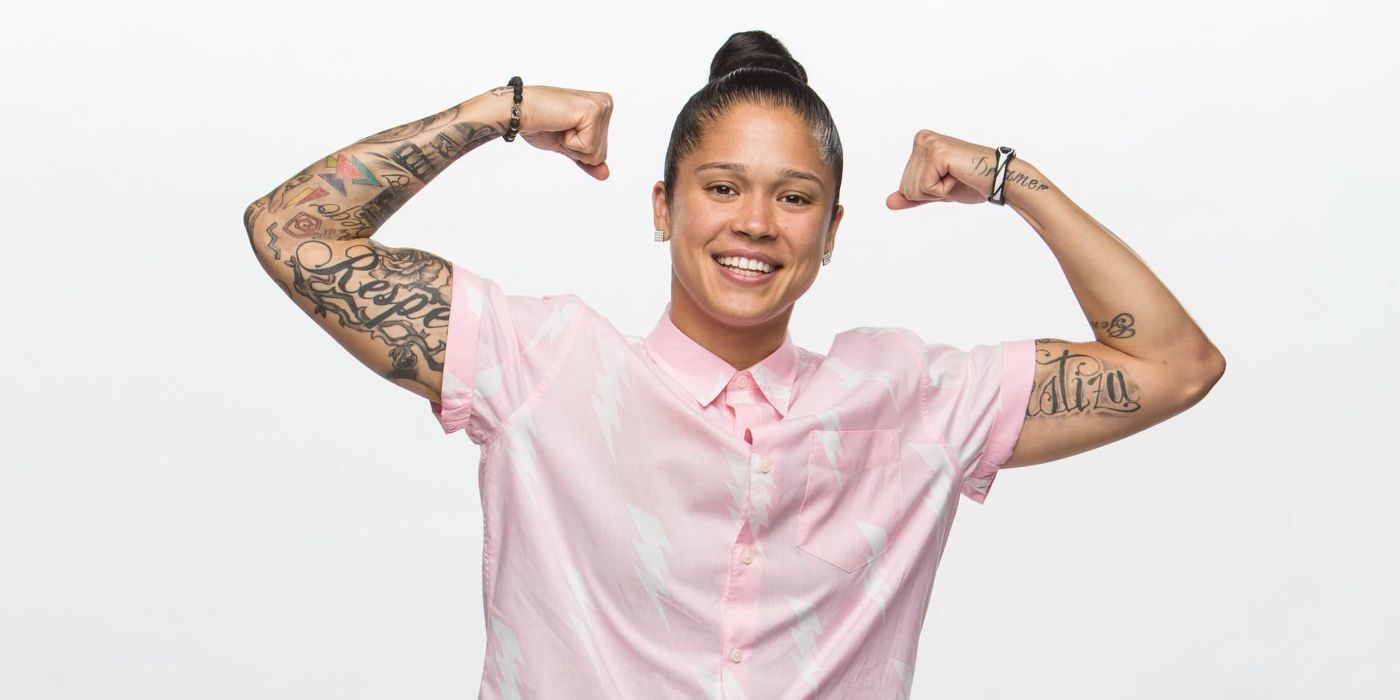 Kaycee Clark flexes her muscles for a Big Brother promo photo