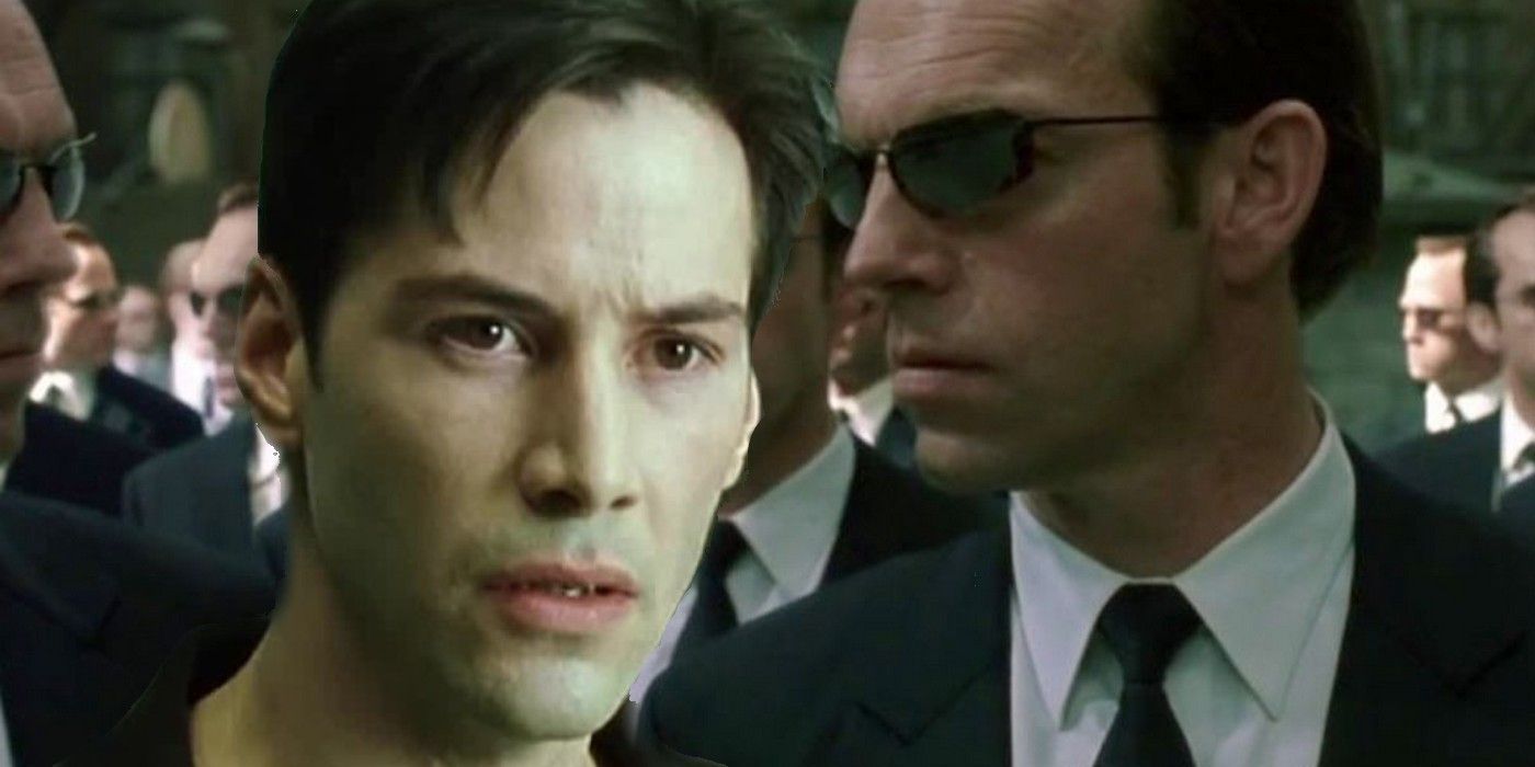 Keanu Reeves as Neo and Hugo Weaving as Agent Smith in Matrix