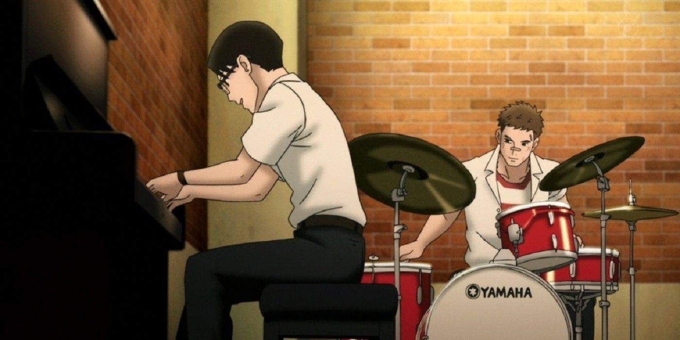Two characters from Kids on the Slolpe playing piano and drums.