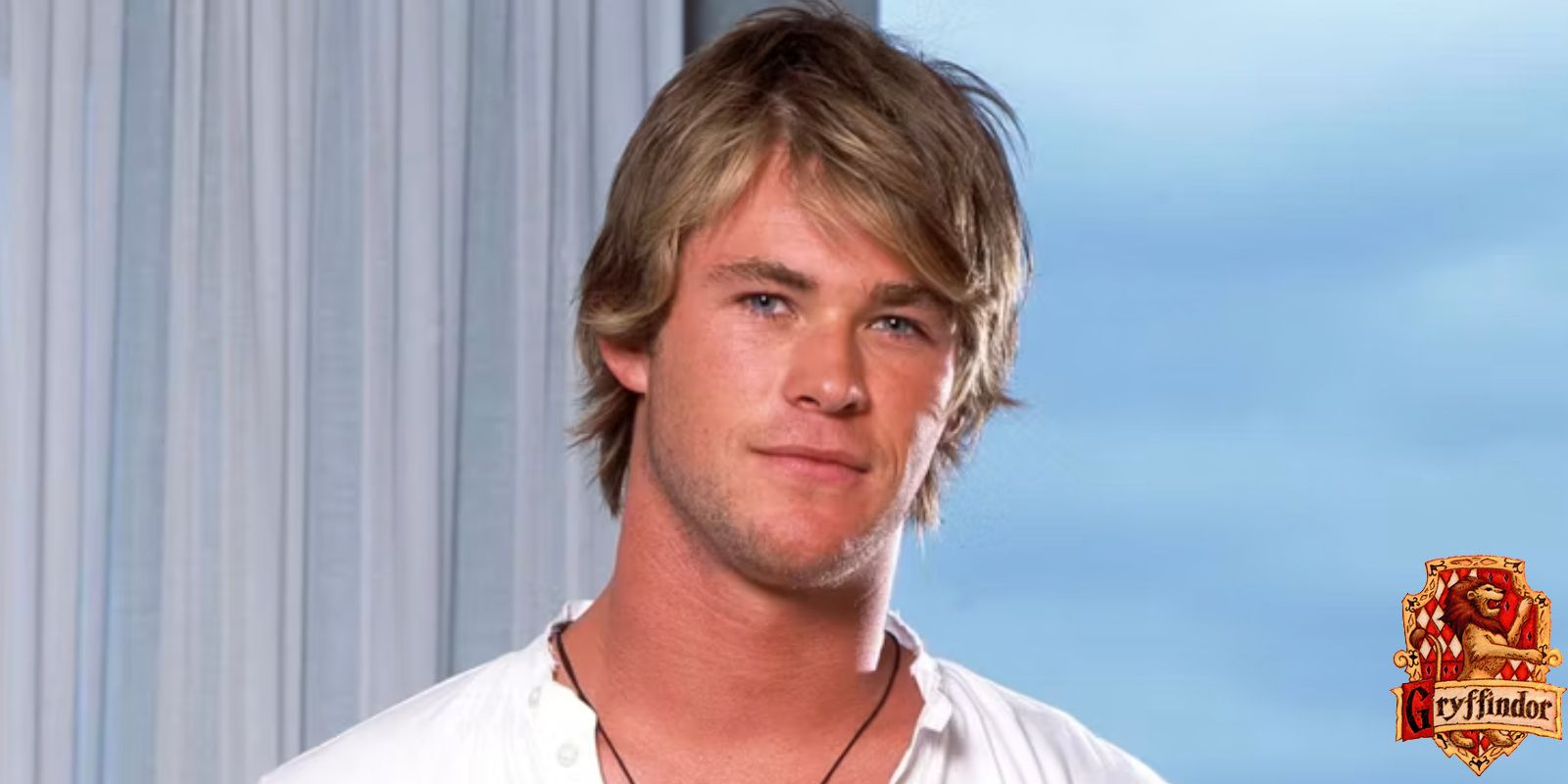 Chris Hemsworth as Kim Hyde in Home And Away with a Hogwarts House crest for Gryffindor