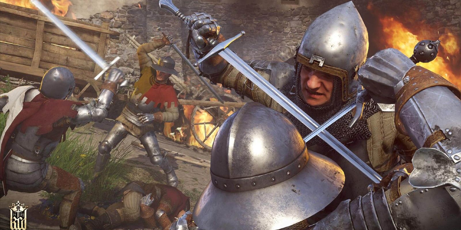Medieval soldiers battle with swords in Kingdom Come: Deliverance.