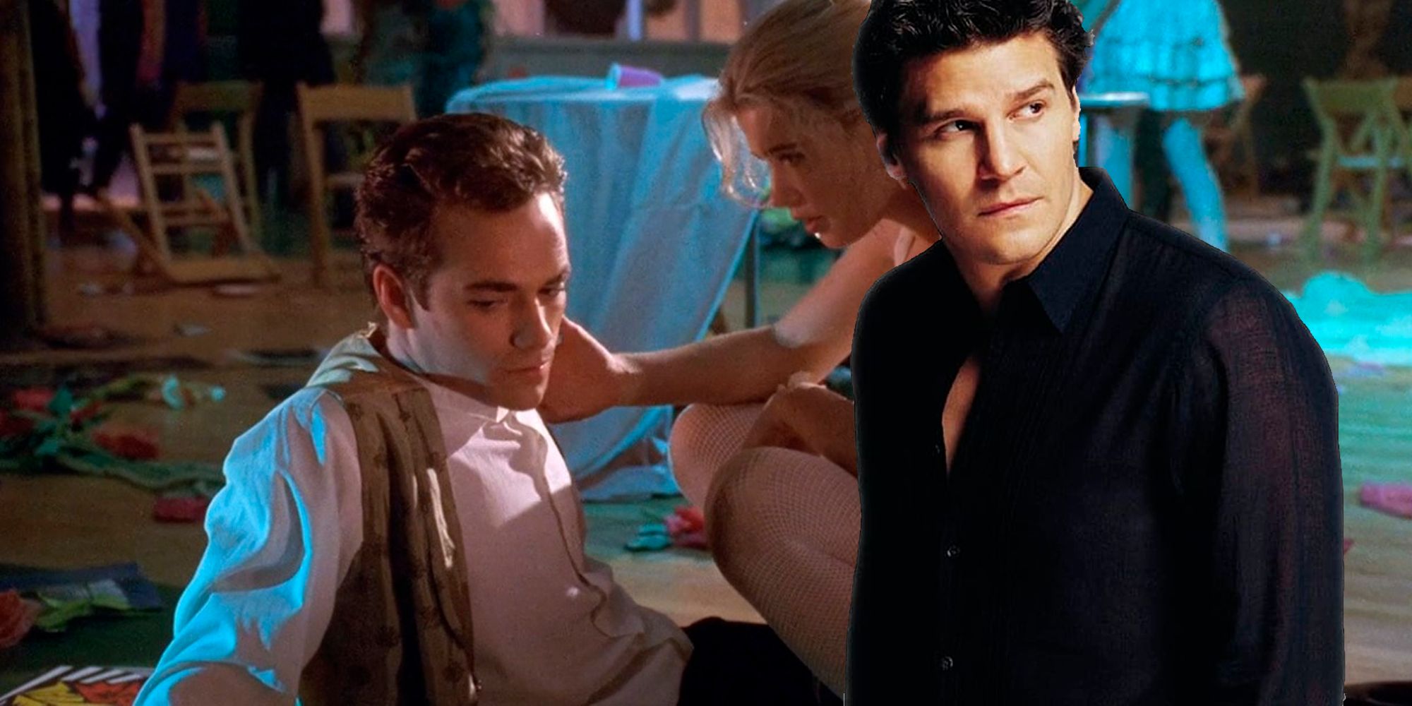 Kristy Swanson as Buffy and Luke Perry as Pike in Buffy the Vampire Slayer 1992 Movie and DavidBboreanaz as Angel