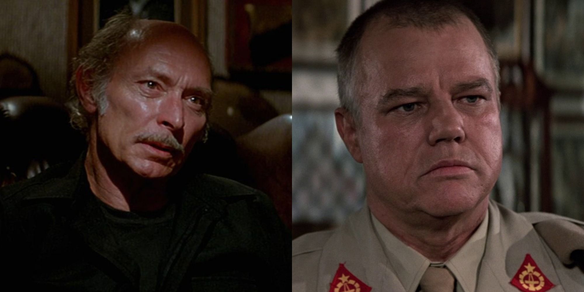 Split image of Lee Van Cleef in Escape from New York and Joe Don Baker in The Living Daylights