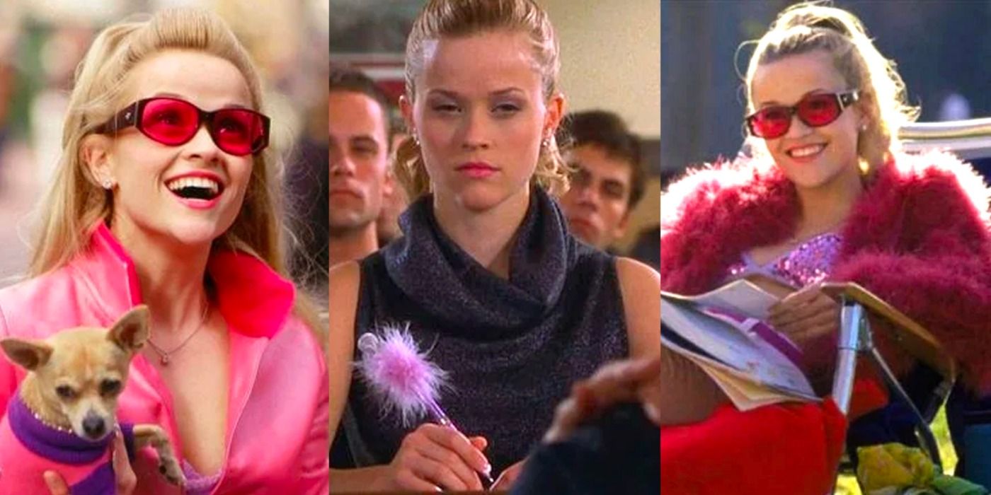 A split image depicts Reese Witherspoon in three different scenes as Elle Woods in Legally Blonde