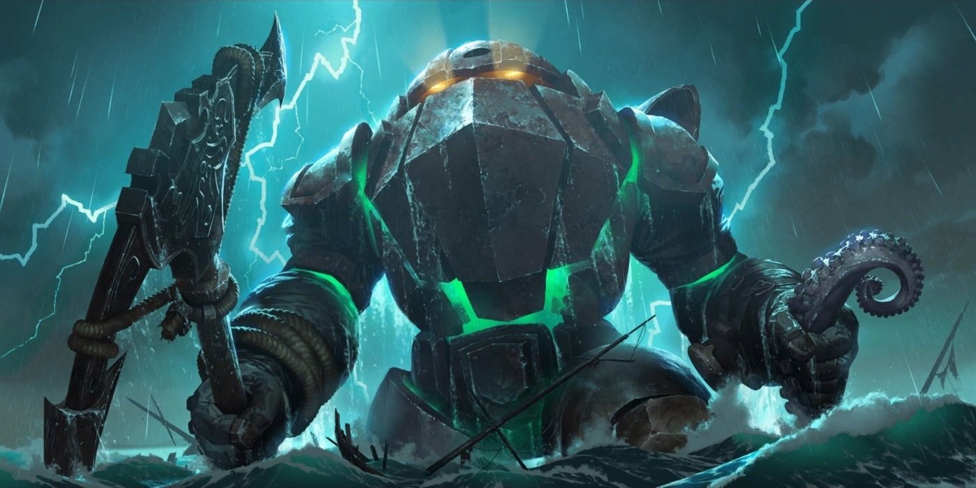 Nautilus under a rainstorm in League of Legends.