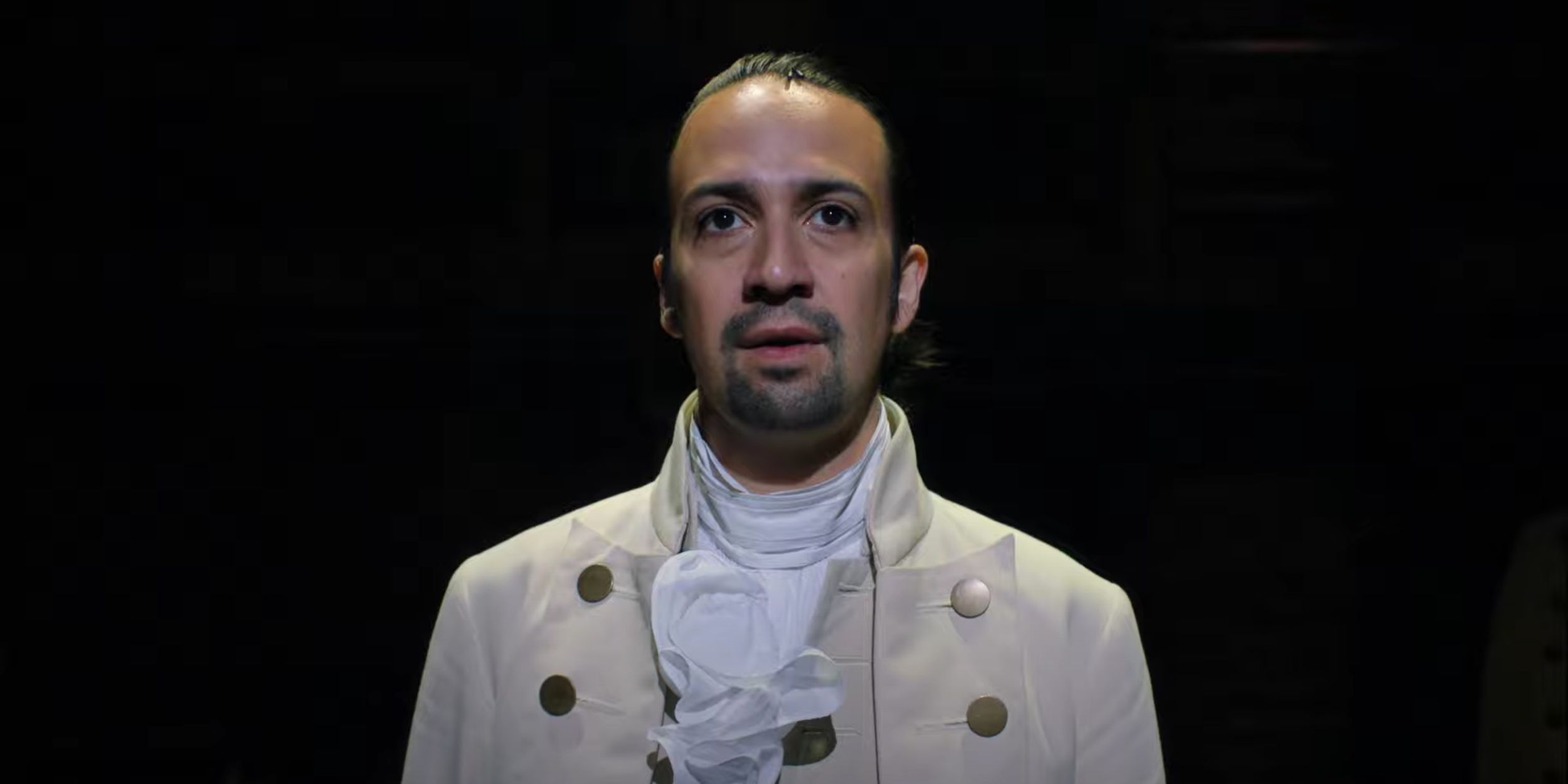 A closeup of Lin Manuel Miranda in Hamilton