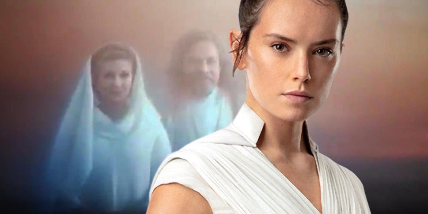 Luke and Leia Force Ghosts and Daisy Ridley as Rey in Star Wars The Rise of Skywalker