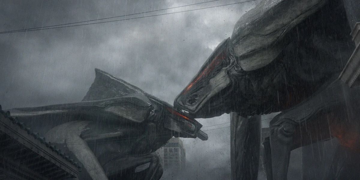 The MUTOs touching heads in Godzilla 2014