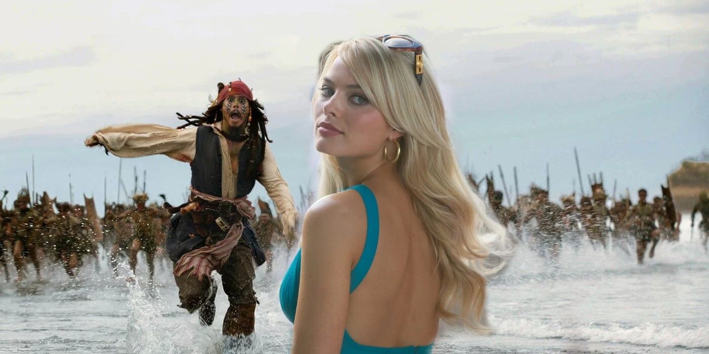 Split image of Jack Sparrow and actress Margot Robbie