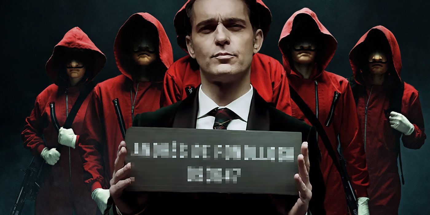 An image of Berlin holding up a prison identity card in Money Heist