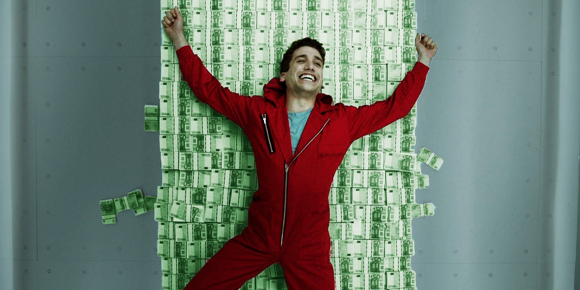 Denver smiling on top of a pile of money in Money Heist.