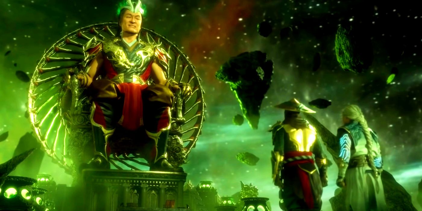 Mortal Kombat 11 Aftermath Ending showing Shang Tsung sitting on a throne with Raiden and Fujin standing before him.