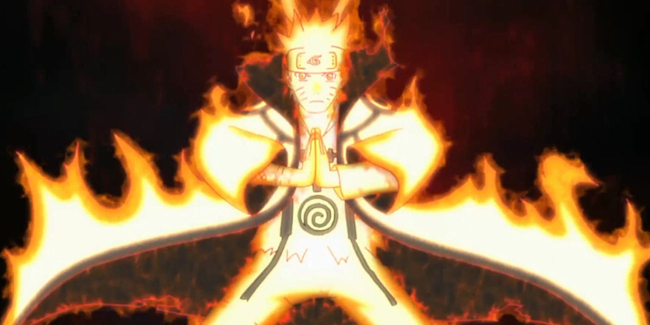 Naruto cercado por energia de chakra em sua forma de nove caudas