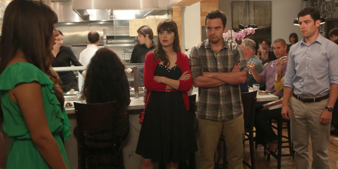 Jess and Nick stand in the middle as Cece finds out Schmidt has been cheating on her in New Girl