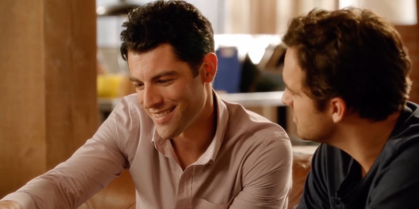 Schmidt on the couch with Nick in New Girl.