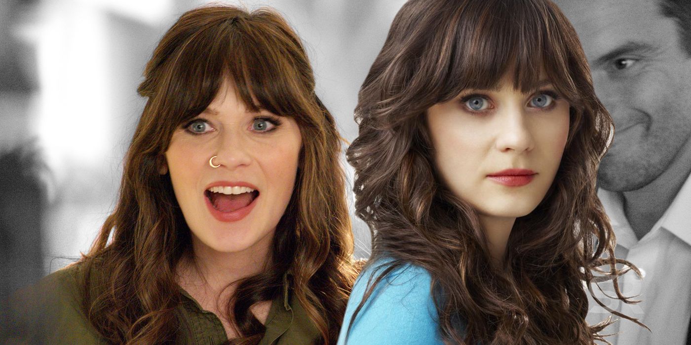 A blended image features Jess in season 1 of New Girl overlaid Jess in season 7 of New Girl