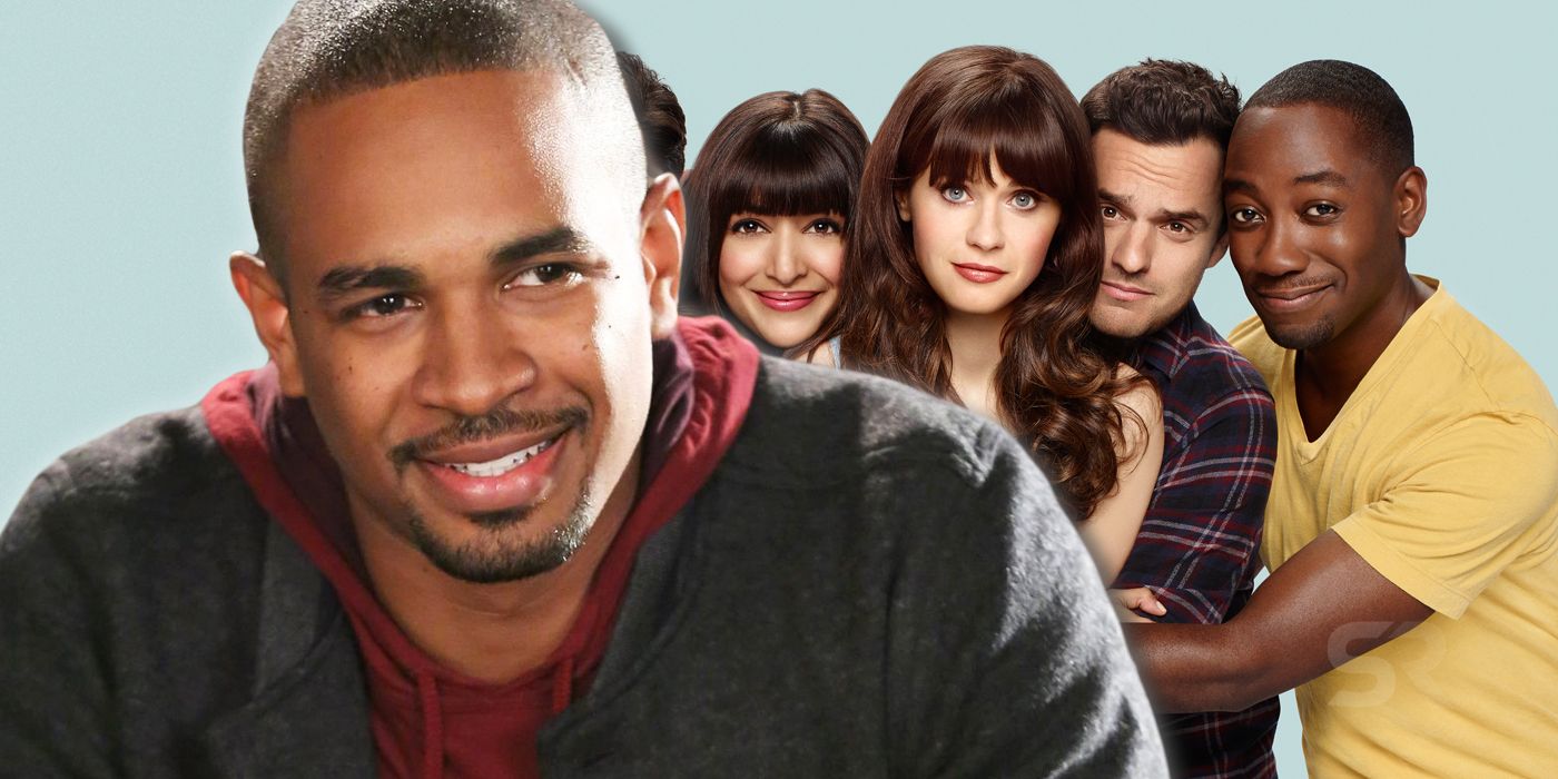 A composite image showing Coach at the forefront and the other characters in New Girl in the background. 