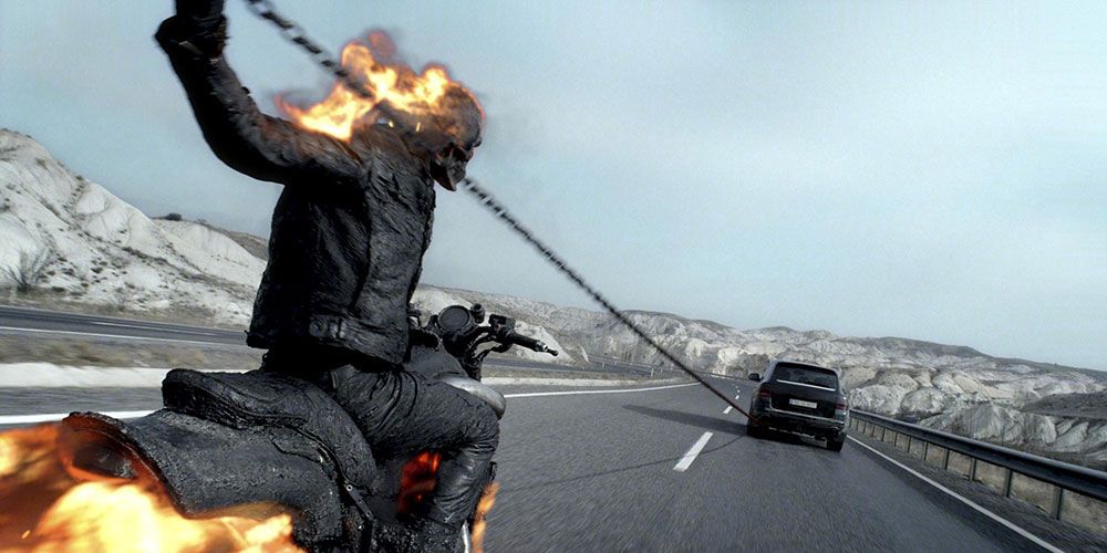 Ghost Rider chases a car in Ghost Rider movie.