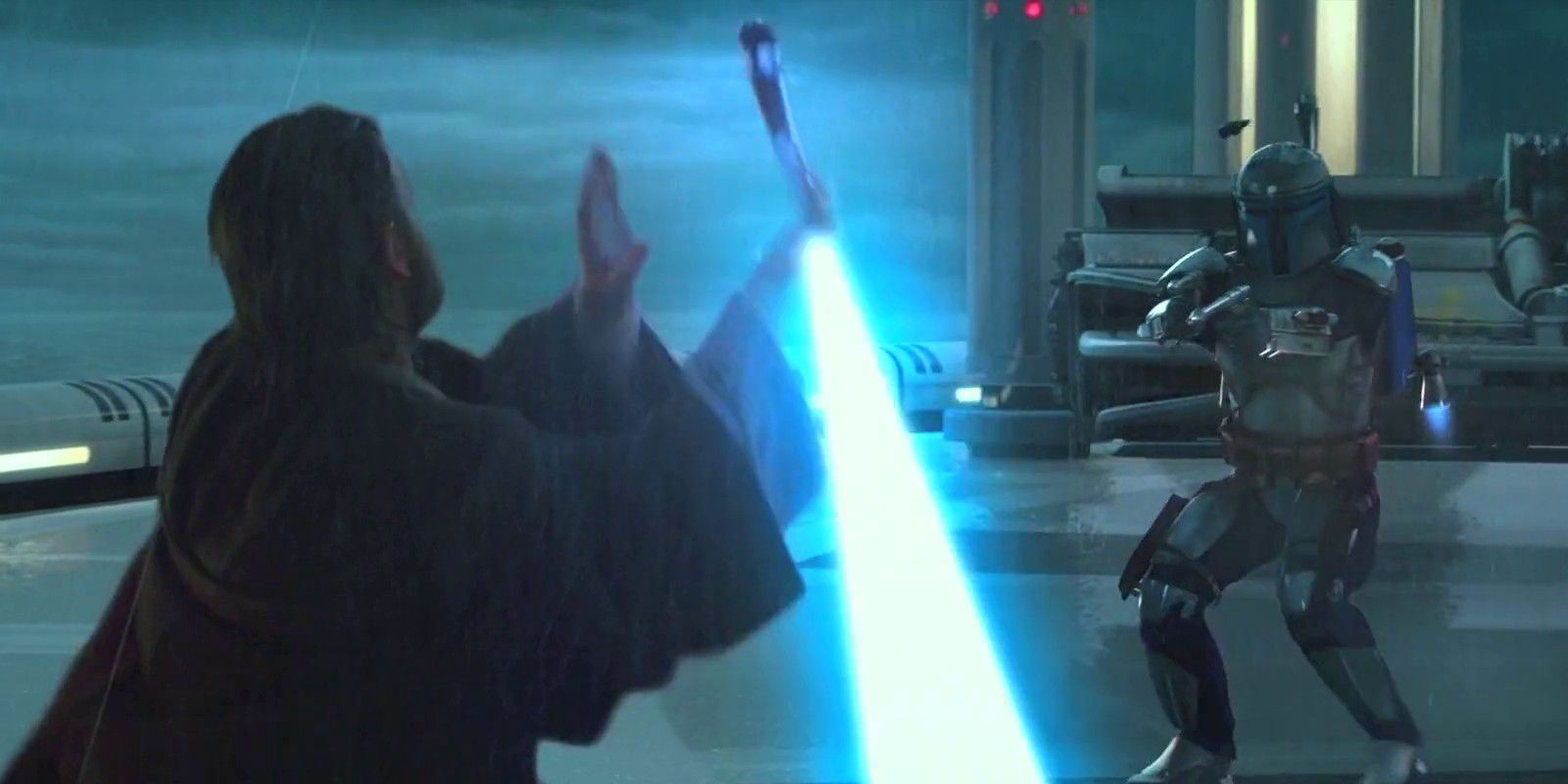 Obi-Wan fighting Jango Fett in Star Wars Attack of the Clones