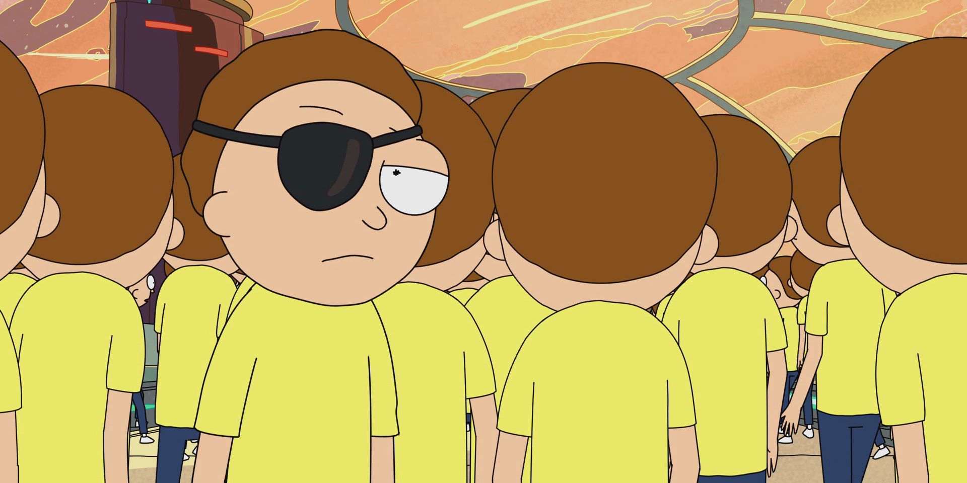Emil Morty standin among other Mortys in Rick and Morty