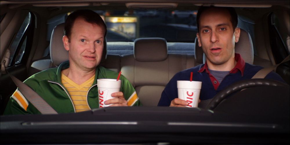 Peter Grosz &amp; T.J. Jagodowski sitting in a car for a Sonic Drive-In commercial 