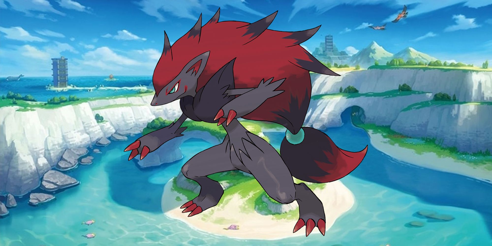 Zoroark stands on an island during the daytime in Pokemon.
