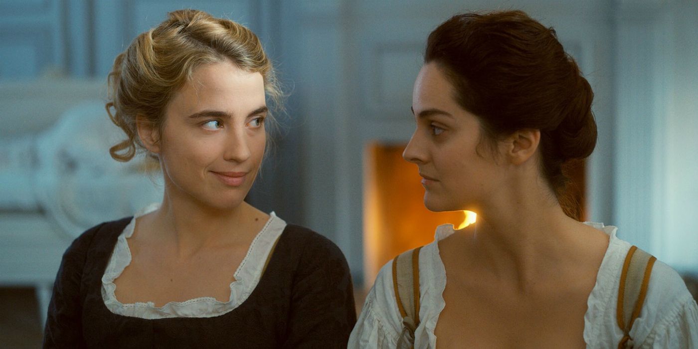 Heloise and Marianna look at each other in Portrait of a Lady on Fire.