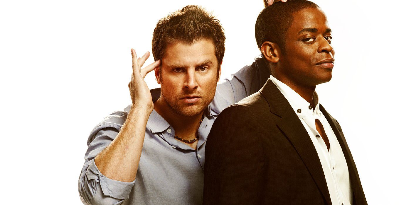 Shawn pretends to use his mental powers while Gus smirks in Psych