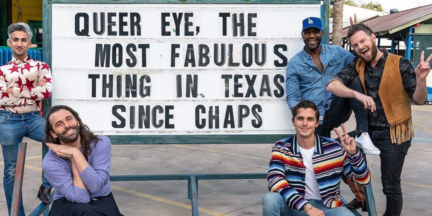 Queer Eye fab five poses in front of sign in Texas