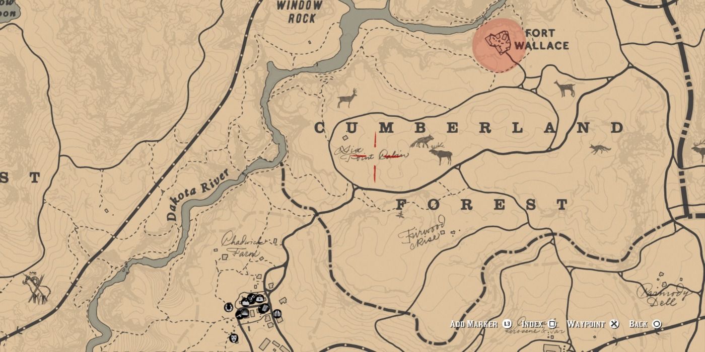 The location of the O'Driscoll Gang on RDR2's Cumberland Forest Map