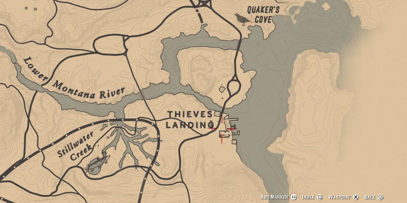 The location of Thieve's Landing on RDR2's map