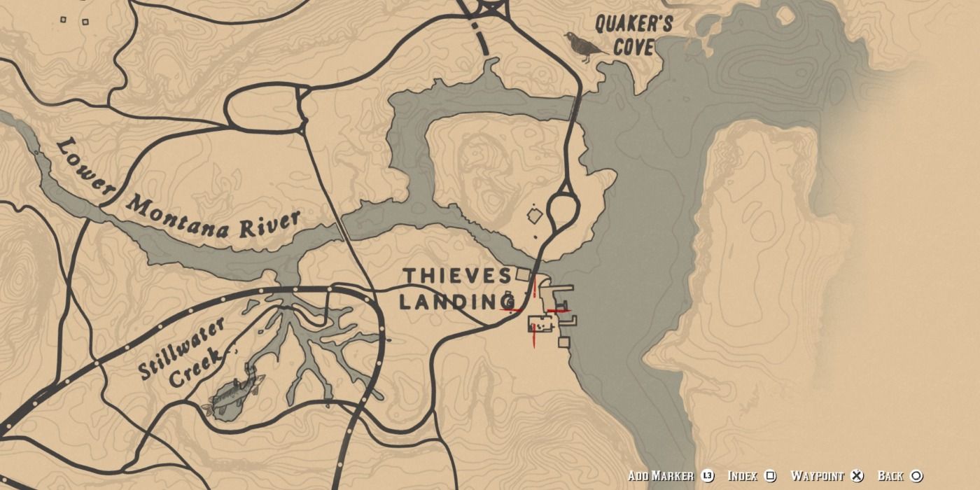 A localização de Thieve's Landing no mapa de RDR2