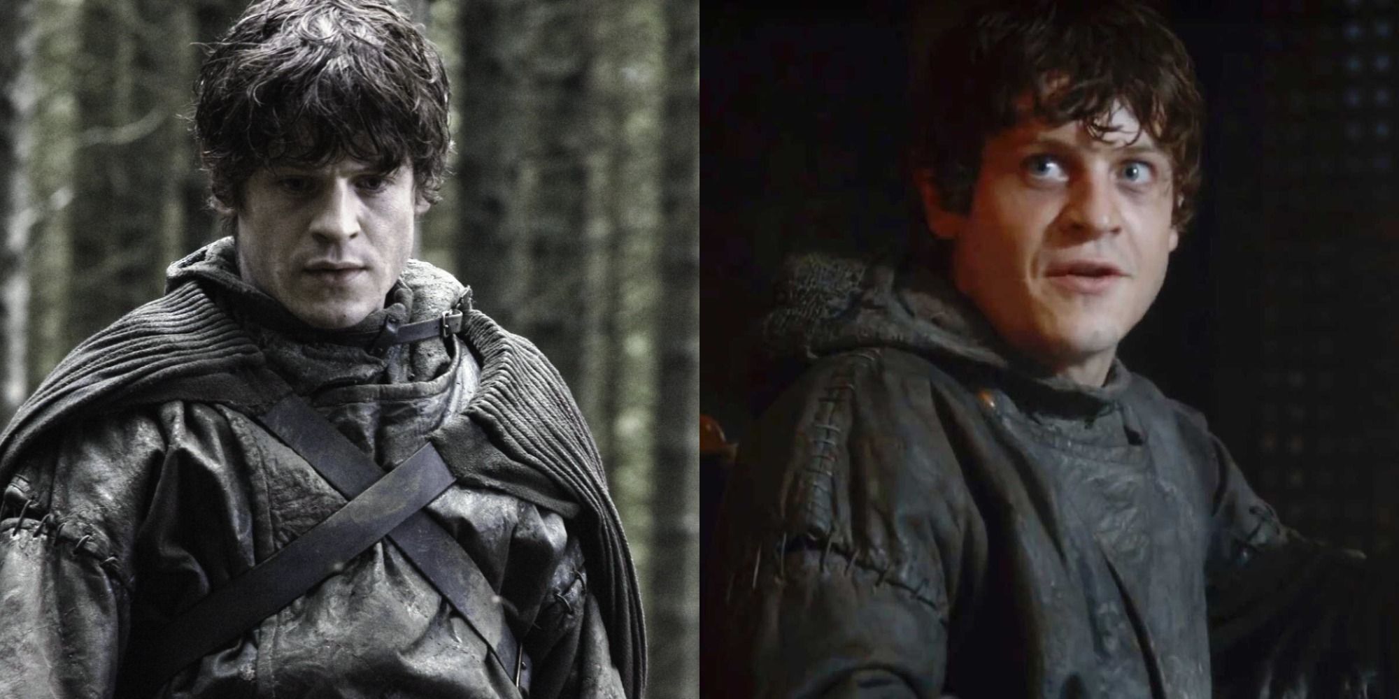 Split image of Ramsay Bolton looking menacing and smiling in Game of Thrones