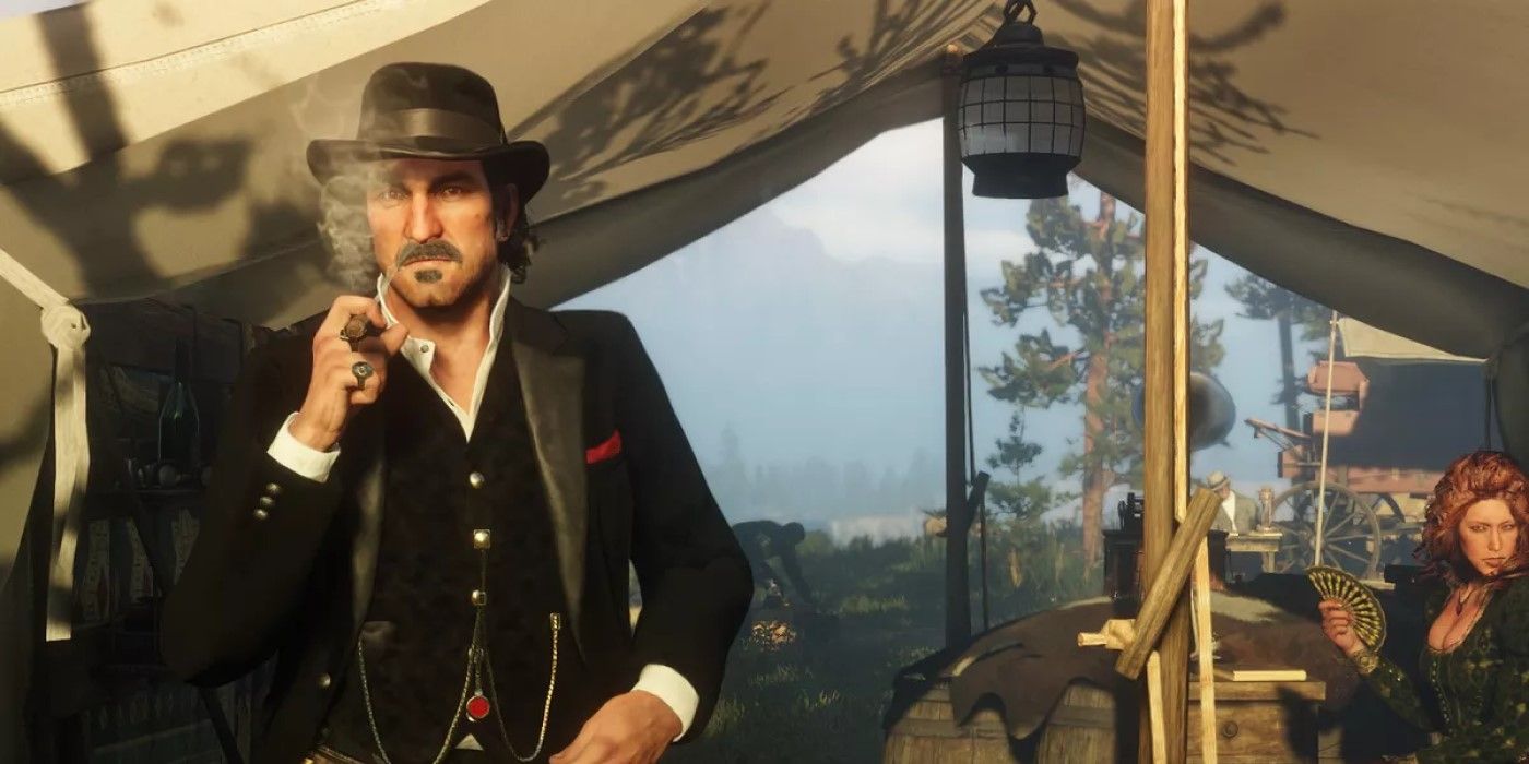 Dutch is smoking a cigarette in front of his tent, with Molly sitting in the background.