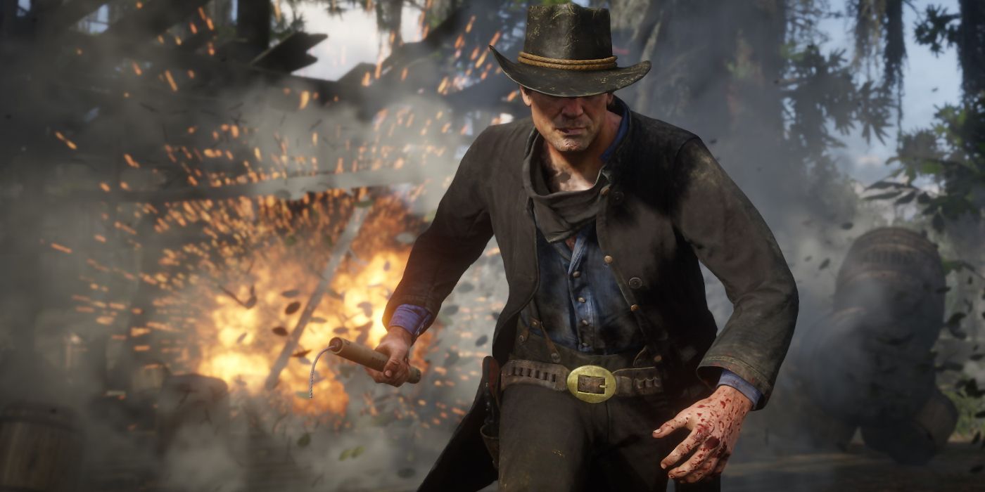 Arthur Morgan holding dynamite and running away from an explosion in RDR2