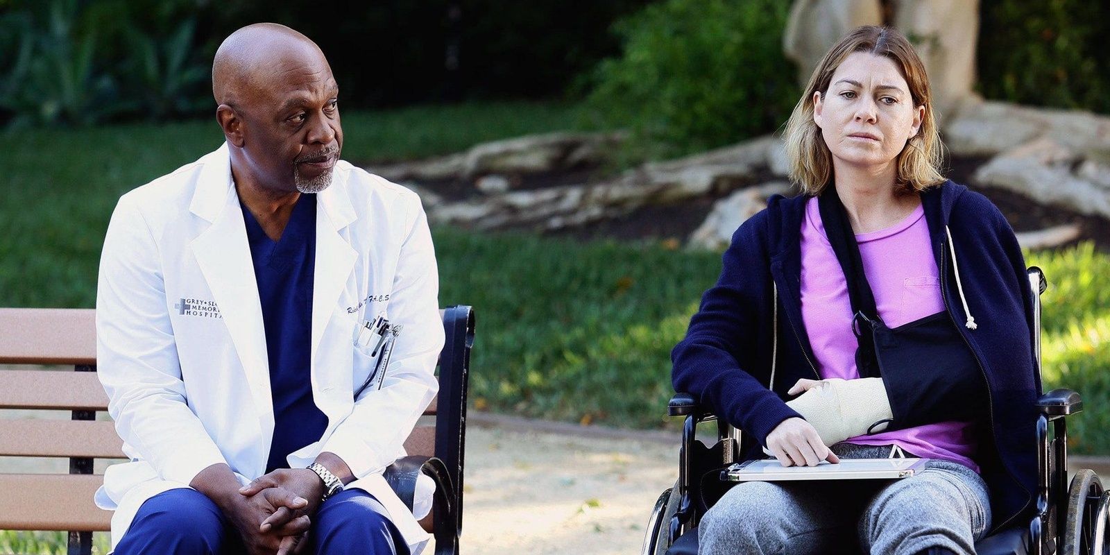 Richard and Meredith sitting together outside on Grey's Anatomy