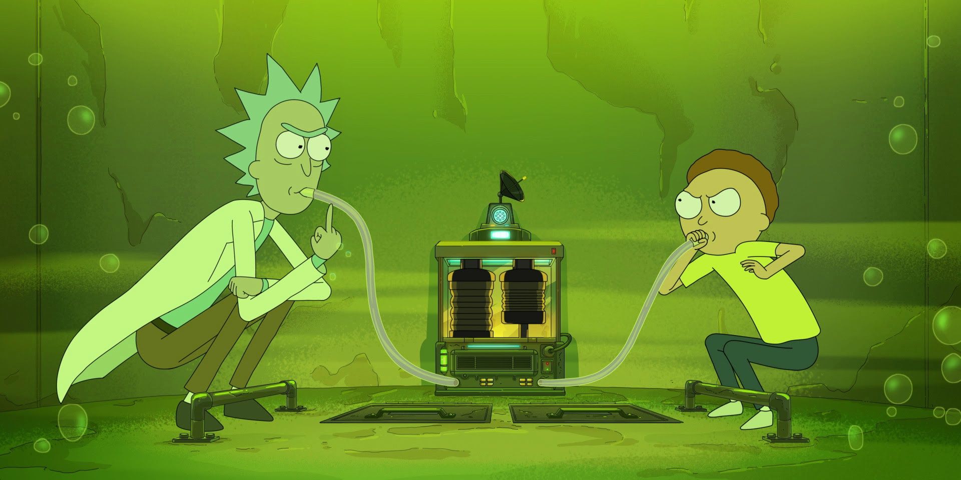 Rick and Morty with a tube in their mouths inside a vat of acid.