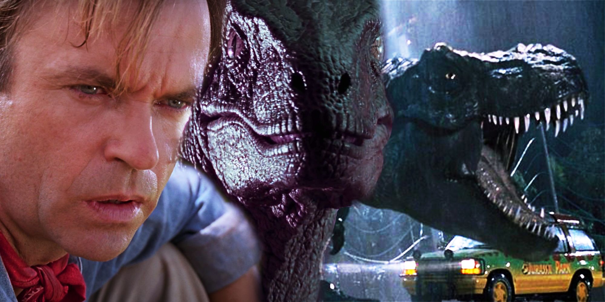 Sam Neill alongside a raptor and T Rex from Jurassic Park
