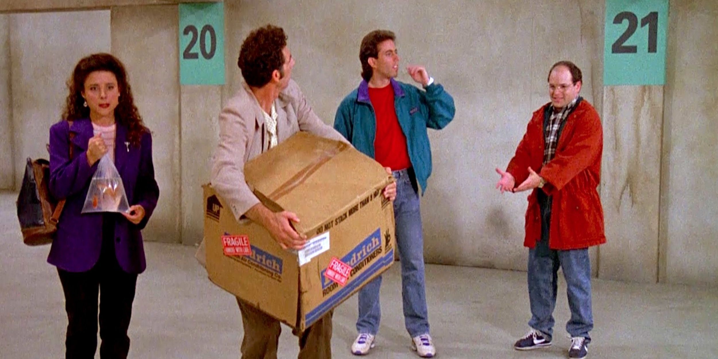 Elaine, George, Jerry and Kramer in a parking garage