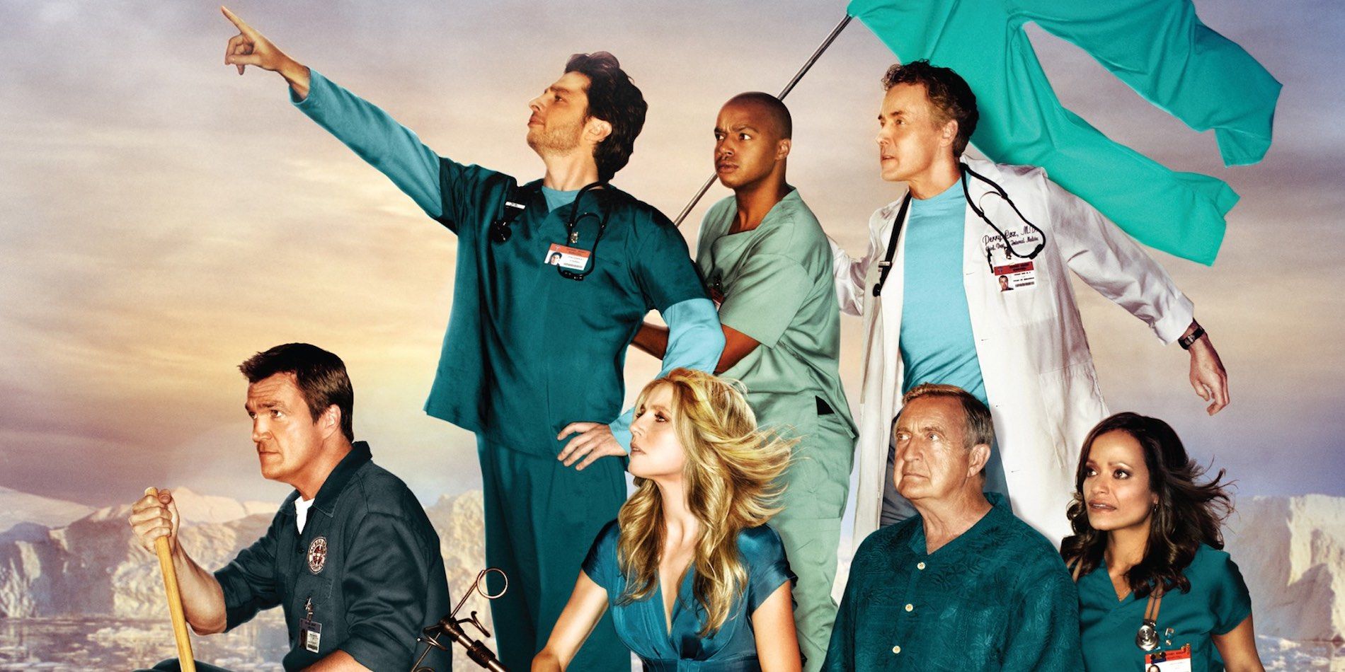 The Cast of Scrubs posing for a promotional photo
