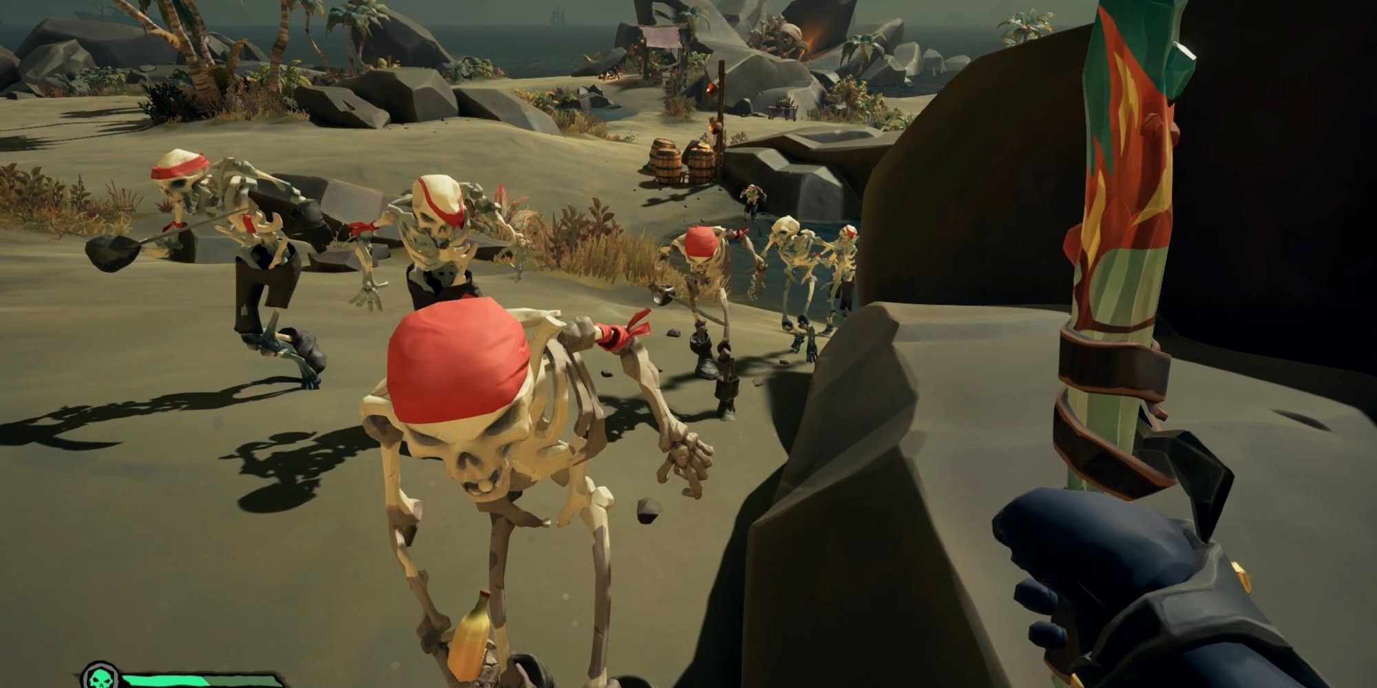A player waits to slay Skeleton Lord Captain Briggsy&rsquo;s summoned skeletons in Sea of Thieves